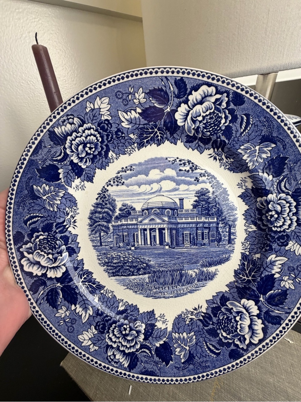 Jonroth Blue & White Monticello Thomas Jefferson Transferware Plate 10.25”